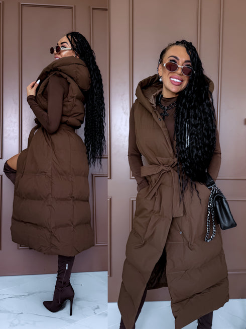 Long, chocolate brown vest with tie belt